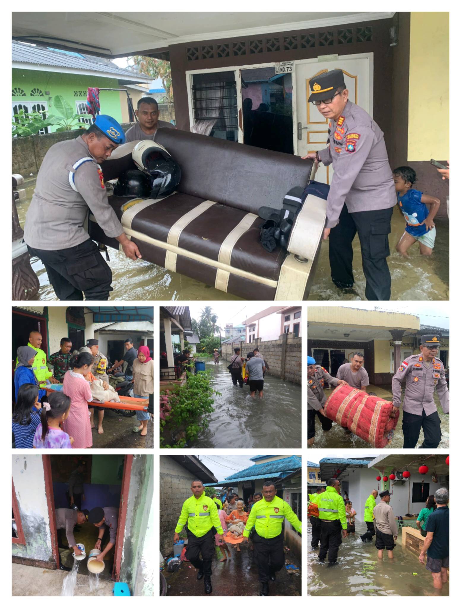 Polresta Tanjungpinang dan Jajaran Polsek saat membantu evakuasi warga terdampak banjir luapan air rob, Rabu (25/01/23)./f.dok.Humas Polresta Tanjungpinang.