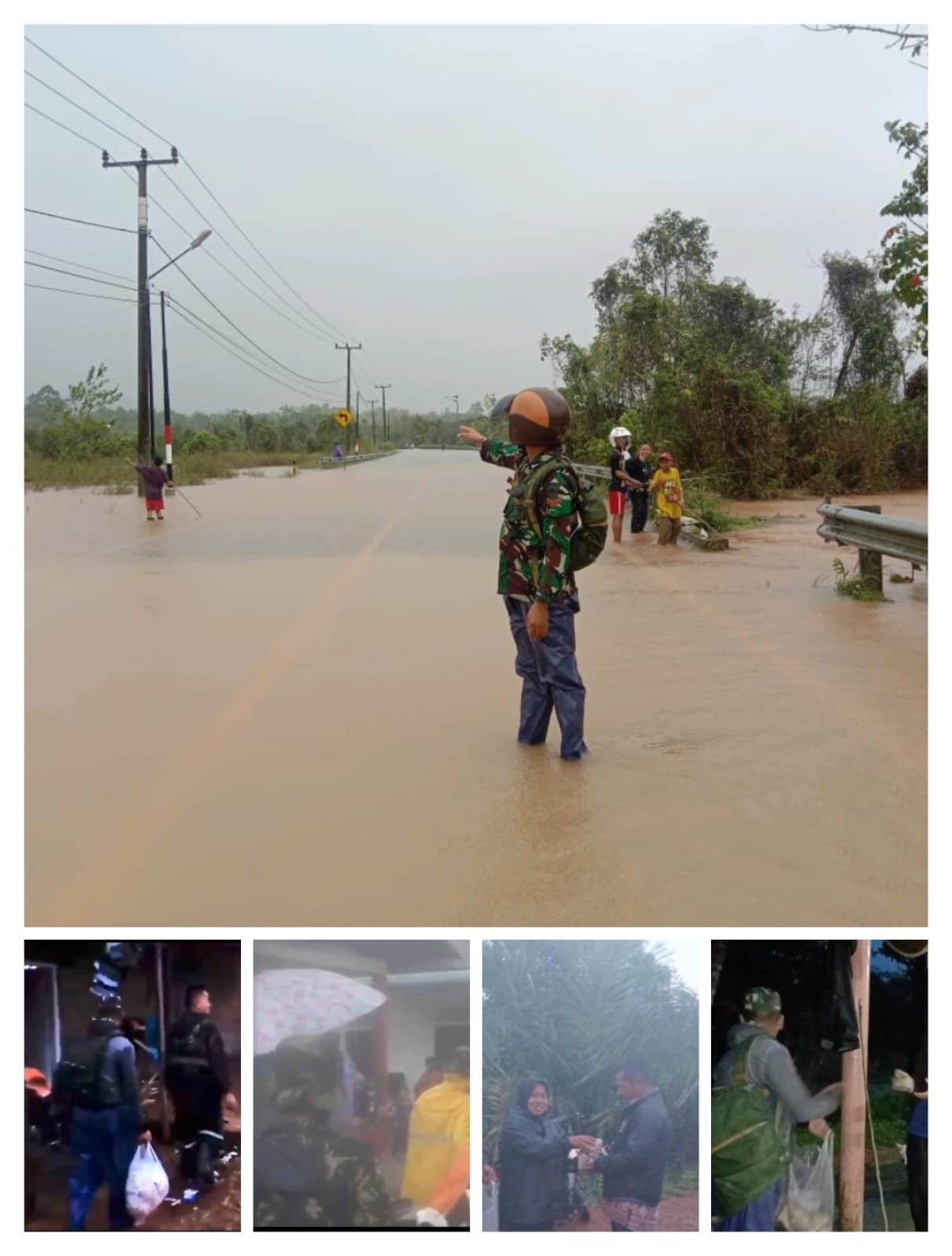 Babinsa Kijang Kota Koramil 02 Kodim 0315/Tanjungpinang membantu mengevakuasi korban Banjir di Wilayah Kijang Kota, Sabtu (04/3/2023)./f.dok.Kapenrem.