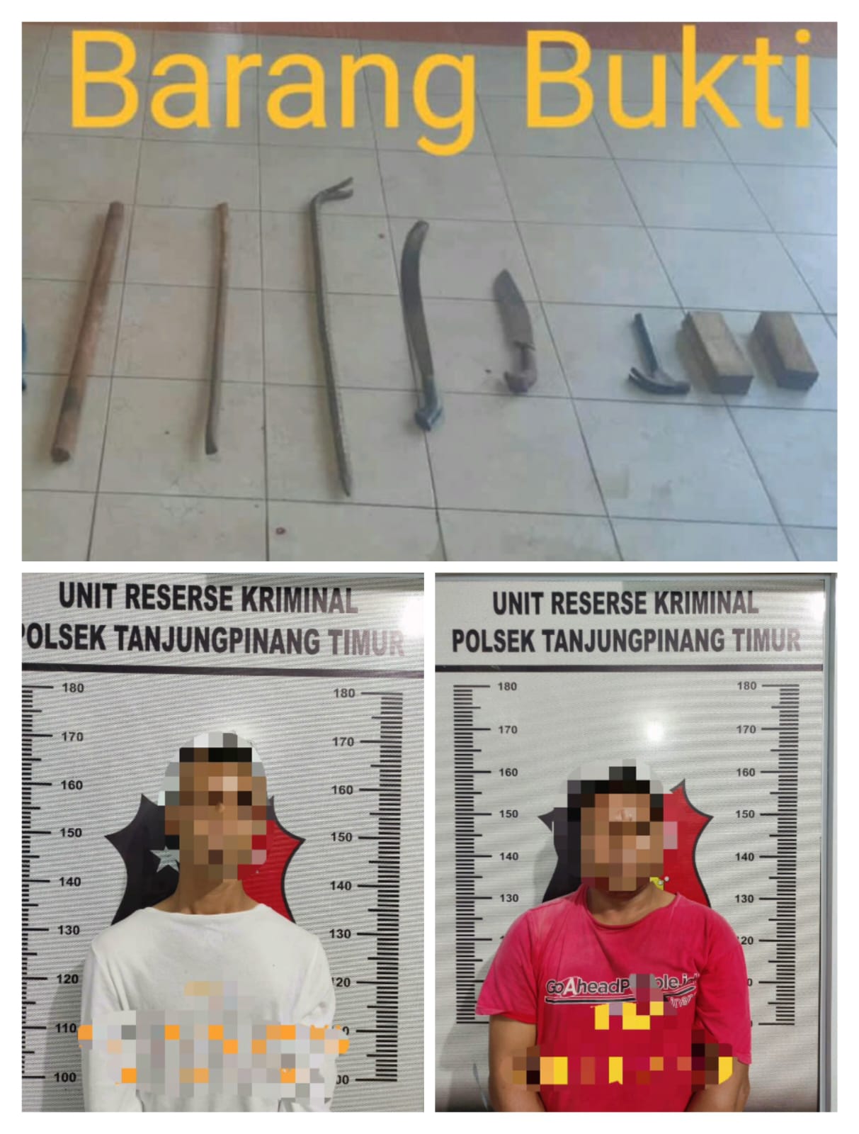 Dua Pelaku Pembobol Brangkas beserta barang bukti yang diamankan Polsek Tanjungpinang Timur Polresta Tanjungpinang, Kamis (09/03/23)./f.dok.Hms.