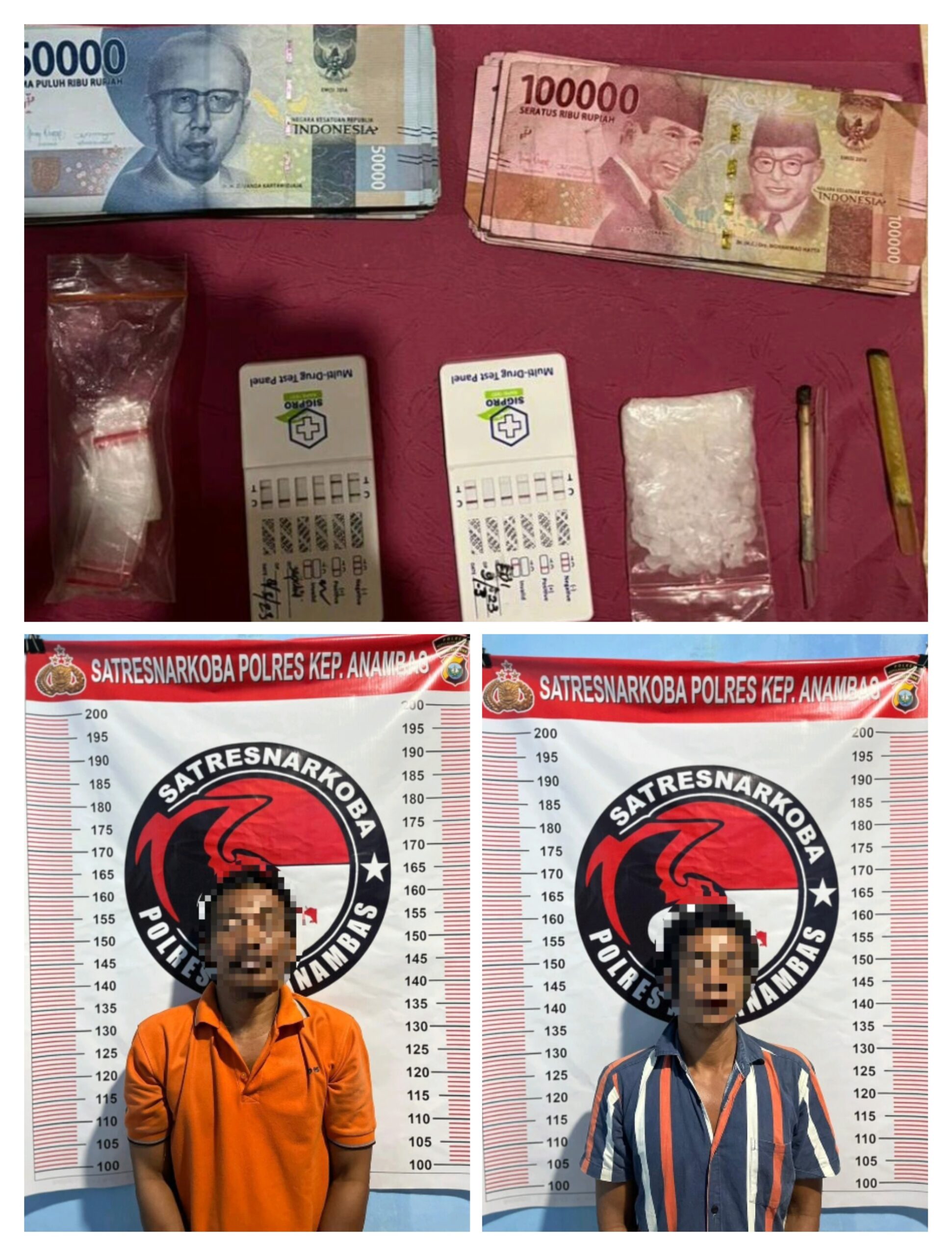 Dua Tersangka Penyalahgunaan Narkotika bersama barang bukti yang diamankan Satresnarkoba polres Kepulauan Anambas./f.dok.Hms.